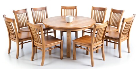 Fototapeta premium Aerial Drone Shot: Circular Wooden Patio Furniture Arrangement - Outdoor Coffee Table & Chairs, High-Angle View, Sunny Day