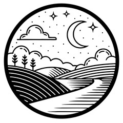 Fototapeta premium Scenic Night Landscape with Moon Stars Rolling Hills and Clouds for Tattoo Design or Coloring Book
