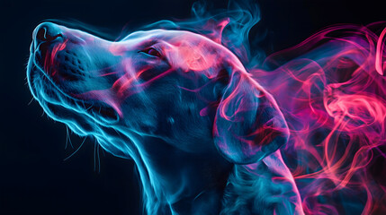 Blue and Pink Smoke Dog with Upward Gaze