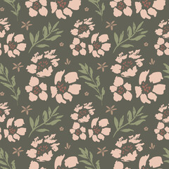 Modern vector seamless pattern with large scale pink flowers on dark boho green background. Hand-drawn in doodle style. Textile, background, packaging.