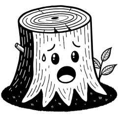 Cute Cartoon Tree Stump Character with Face and Sad Expression for Coloring Books and Crafts