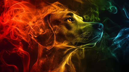 Fiery Abstract Dog Surrounded by Multicolor Smoke