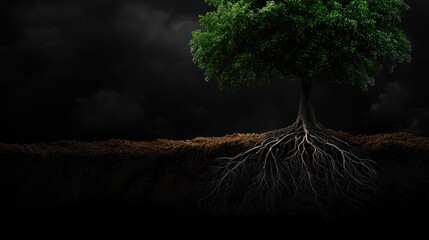 Powerful tree roots in dark earth, stormy sky background