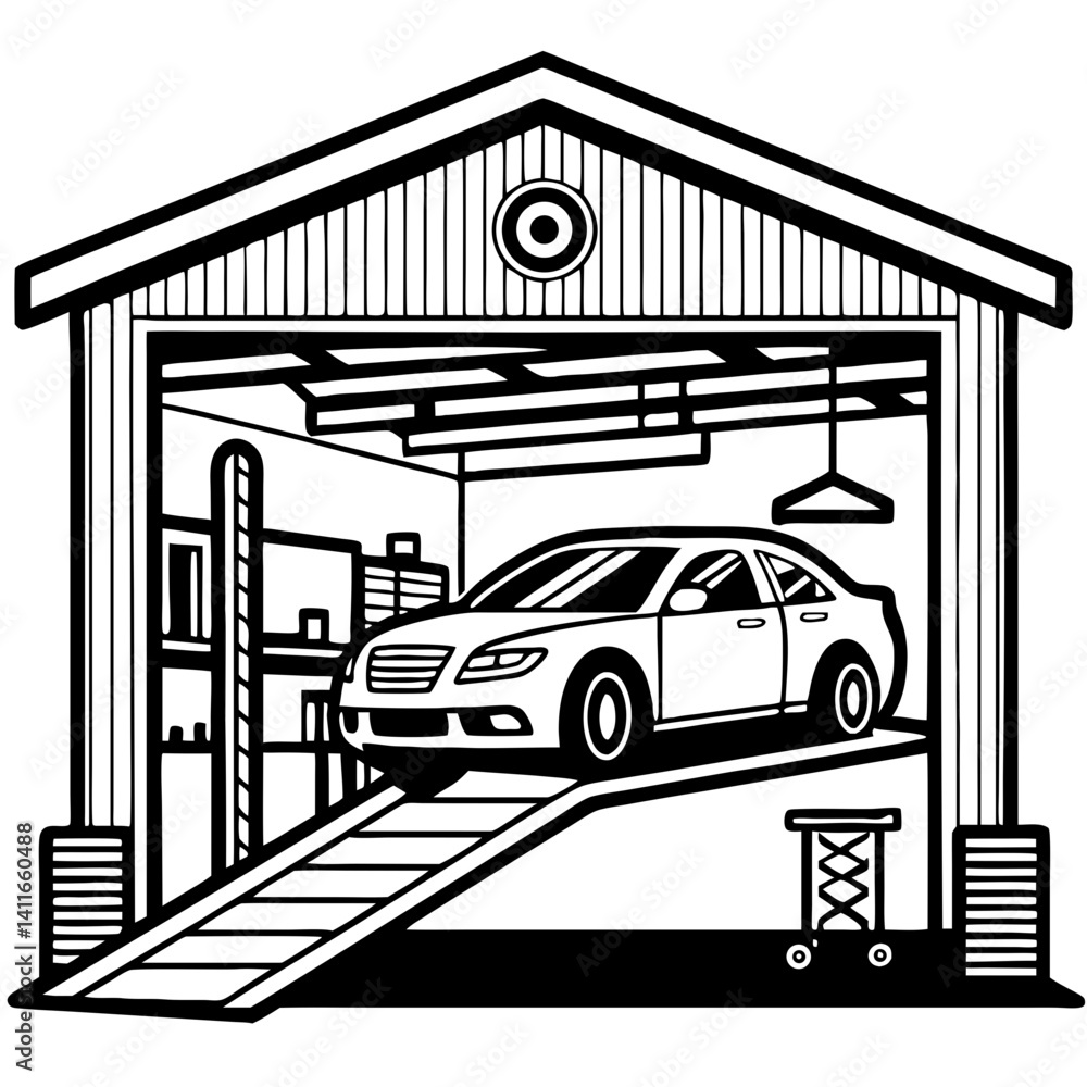 Poster detailed illustration of car in garage with ramp and workshop features for custom projects