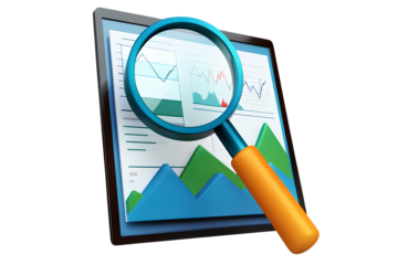 Blue file with green arrow pointing up, magnifying glass, and graph icon on a transparent background