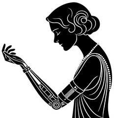 Naklejka premium Elegant Woman with Mechanical Arm Silhouette for Futuristic Tattoo Design and Artwork