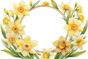 Fototapeta premium Watercolor floral wreath with yellow daffodils for spring designs and decoration