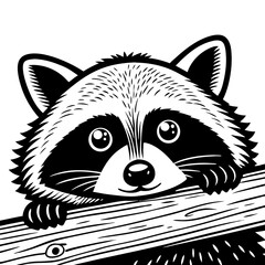 Cute Raccoon Face Peeking Over a Log Ideal for Children's Coloring Books and Tattoo Designs
