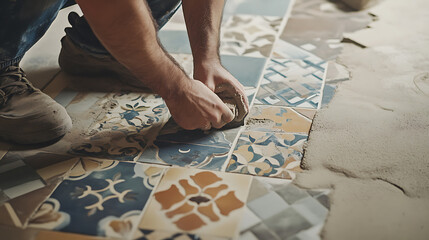 Tiler placing intricate mosaics on a bathroom floor. Featuring tiling and bathroom renovation