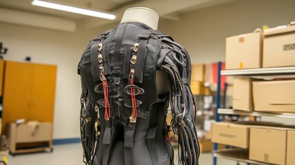 Innovative, futuristic vest with complex sensor attachments.