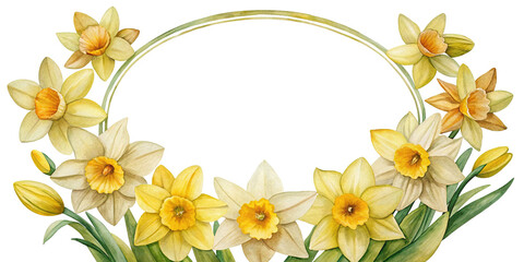 Watercolor daffodils floral frame for invitations, cards, or announcements with springtime theme