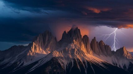 Thunderstorm Rolling Over Distant Mountains with Lightning Webbing Across Sky and Golden Sunlight Breaking Through Clouds for an Intense Weather Portrait