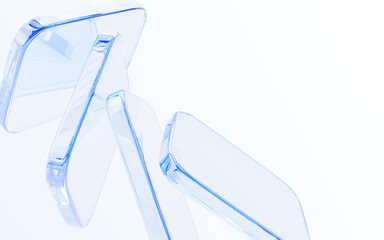 3d glass transparent square shapes on light blue background. Abstract geometric clear blocks, crystal glossy plates with gradient texture, render digital graphic design tech banner. 3D illustration