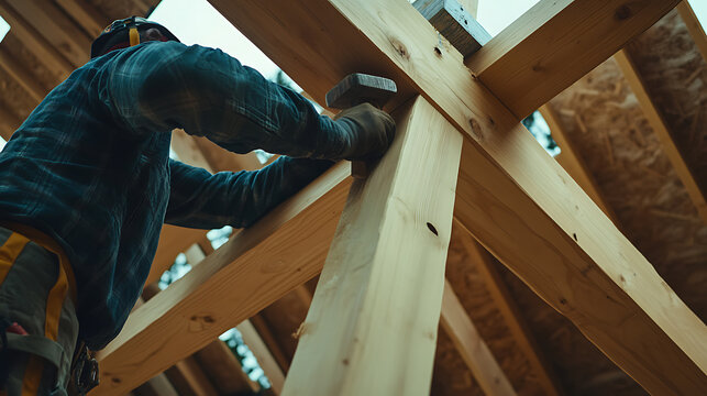 Timber framer securing wooden rafters in a rustic cabin build. Featuring craftsmanship and natural materials