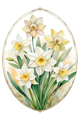 Watercolor Painting of Daffodils in an Oval Frame a Springtime Floral Arrangement