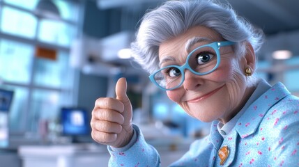 Elderly woman giving thumbs up in modern medical office