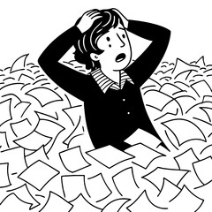 Overwhelmed Person Surrounded by Piles of Paper Illustrating Stress and Anxiety in Work Environment