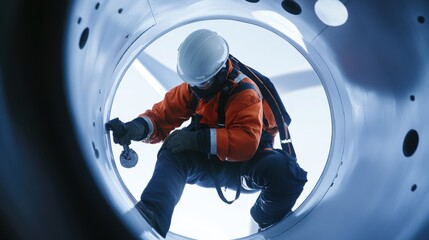 A wind turbine technician performing maintenance on a turbine. Featuring renewable energy and expertise