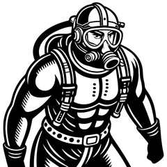 Vintage Diver Illustration Bold Line Art Character for T-Shirt Design and Tattoo Inspiration