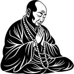 Serene Monk Praying in Traditional Attire Spiritual Meditation Vector Art for Tattoos and Coloring Books