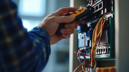 Electrician testing power supply. Indoor home office