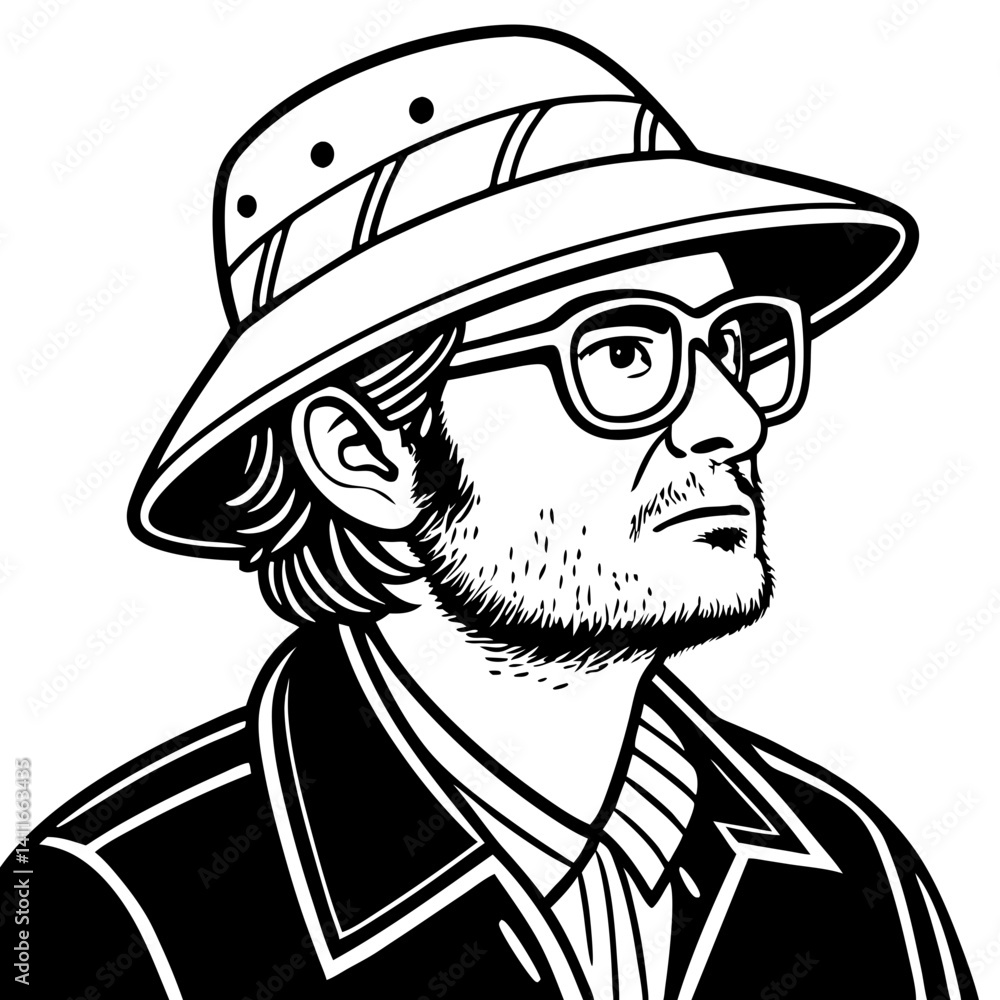 Poster stylized portrait of a man in a hat with glasses and a thoughtful expression for art and design