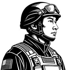 Obraz premium Profile of a Determined Soldier in Tactical Gear for Military Art and Design Projects