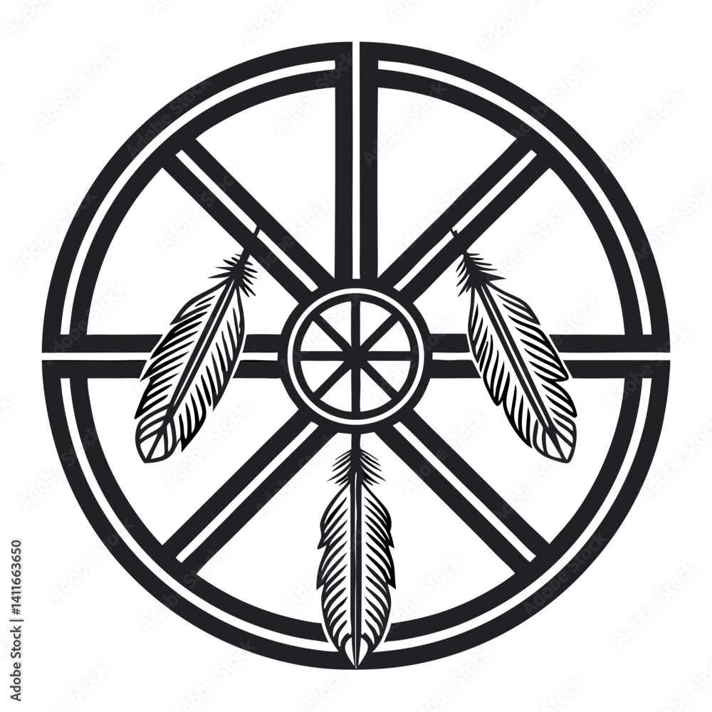 Poster circle symbol with three feathers representing spiritual journey and connection to nature
