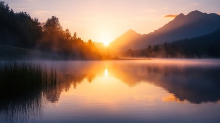 Fototapeta premium Golden sunrise reflects beautifully upon calm lake waters and mountains