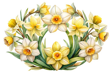 Watercolor daffodil wreath, floral composition with yellow and white spring flowers