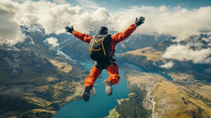 Skydiving Adventure Above Breathtaking Mountain Landscape with Lake and Clouds