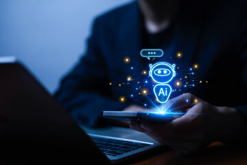 AI Chatbot Assistant or Artificial Intelligence Technology, Digital Chatbot on Smartphone to Access...