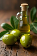 Bottle of olive oil on a rustic wooden board, surrounded by green olives. Food ingredient. Healthy eating, Mediterranean cuisine and artisanal food products concept