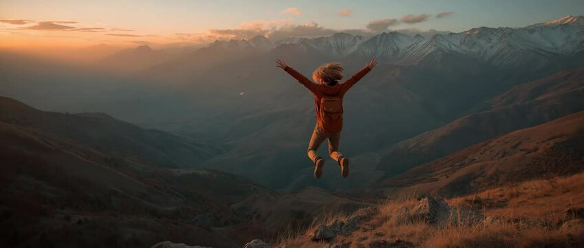 A white girl leaping against a backdrop of mountains
