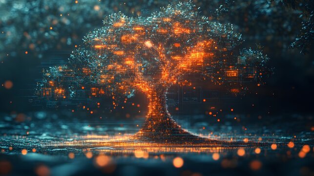 Intricate Family Tree Integration with Financial Symbols Representing Generational Heritage and Legacy Planning in a Digital Abstract Setting