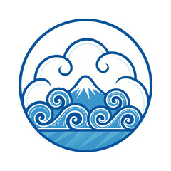 Majestic Mountain and Waves in Circle Traditional Japanese Art Style Illustration
