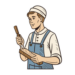 Craftsman Carving Woodworker Holding Chisel and Wooden Block Art Illustration for Tattoo Design