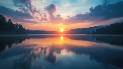 Obraz premium A beautiful sunrise over a calm lake with reflections