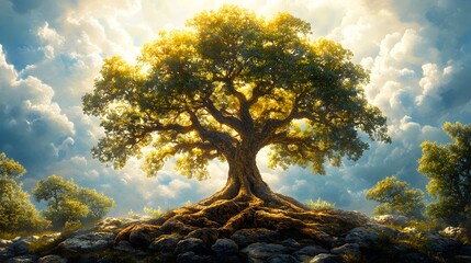 Richly Detailed Towering Tree Depiction with an Intricate Root Network Representing a Secure Estate Plan and Expansive Branches Emphasizing Profound Legacy