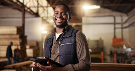 Portrait, happy carpenter and man with tablet in workshop for furniture manufacturing and...
