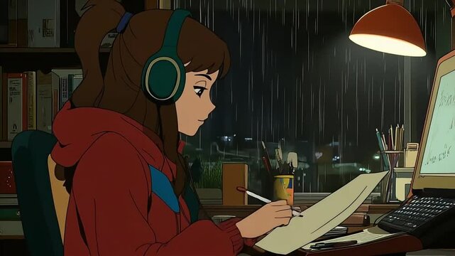 Anime girl wearing headphones studies by lamplight during a quiet rainy night, creating a cozy and peaceful mood. Lofi animations style