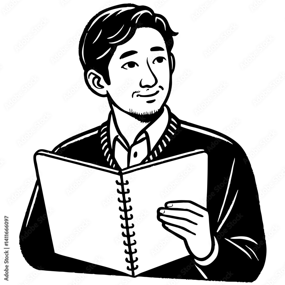 Poster thoughtful man reading notebook ideal for illustration and graphic design projects