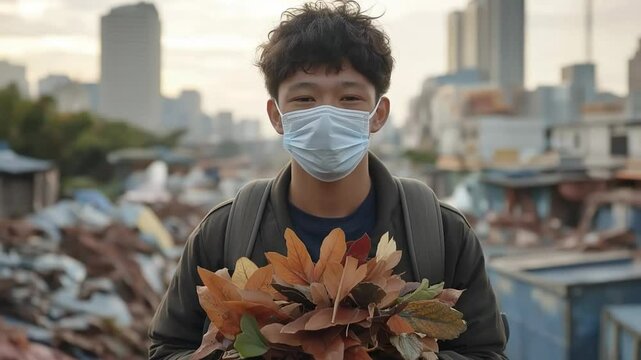 A young man stands in a bustling urban environment during sunset, wearing a mask and proudly holding a vibrant collection of autumn leaves, symbolizing nature's resilience.