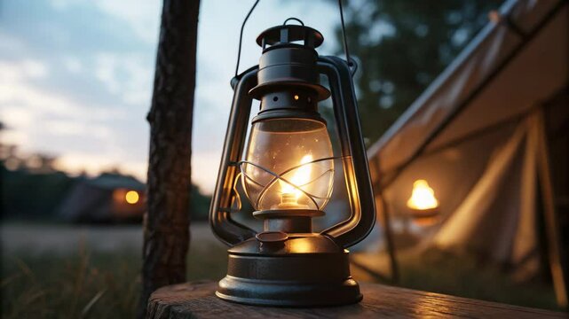 Mountain lake camping spot concept. A vintage lantern illuminates the scene, casting a warm glow amidst a natural setting at dusk, evoking a sense of adventure and tranquility.