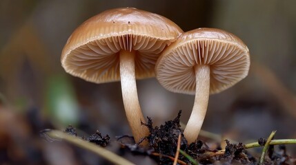 Two small mushrooms in forest floor, close-up, blurred background