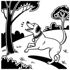 Fototapeta premium Happy Dog Running Playfully Near Tree in a Scenic Landscape Perfect for Coloring and Tattoos