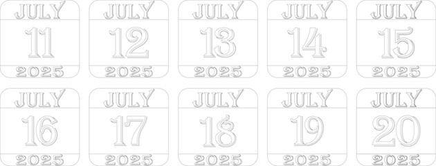 July calendar 2025 line art icon set .Agenda plan, july month schedule calendar and Time planner.Meeting appointment time.Calendar Event schedule date.calendar date icon on white background.