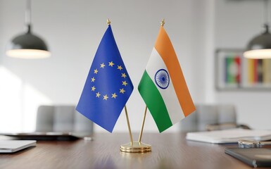 European Union And India Flags on Desk International Relations
