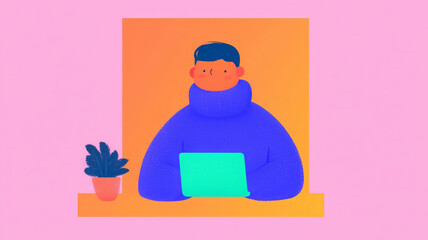 person in cozy sweater working on laptop with plant nearby, creating warm atmosphere