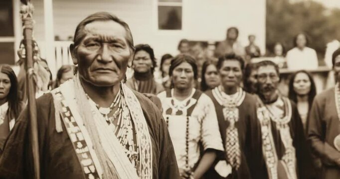 Native American Elder and Community: A sepia-toned photograph captures a solemn Native American elder standing prominently amongst his community, conveying a sense of heritage and resilience.